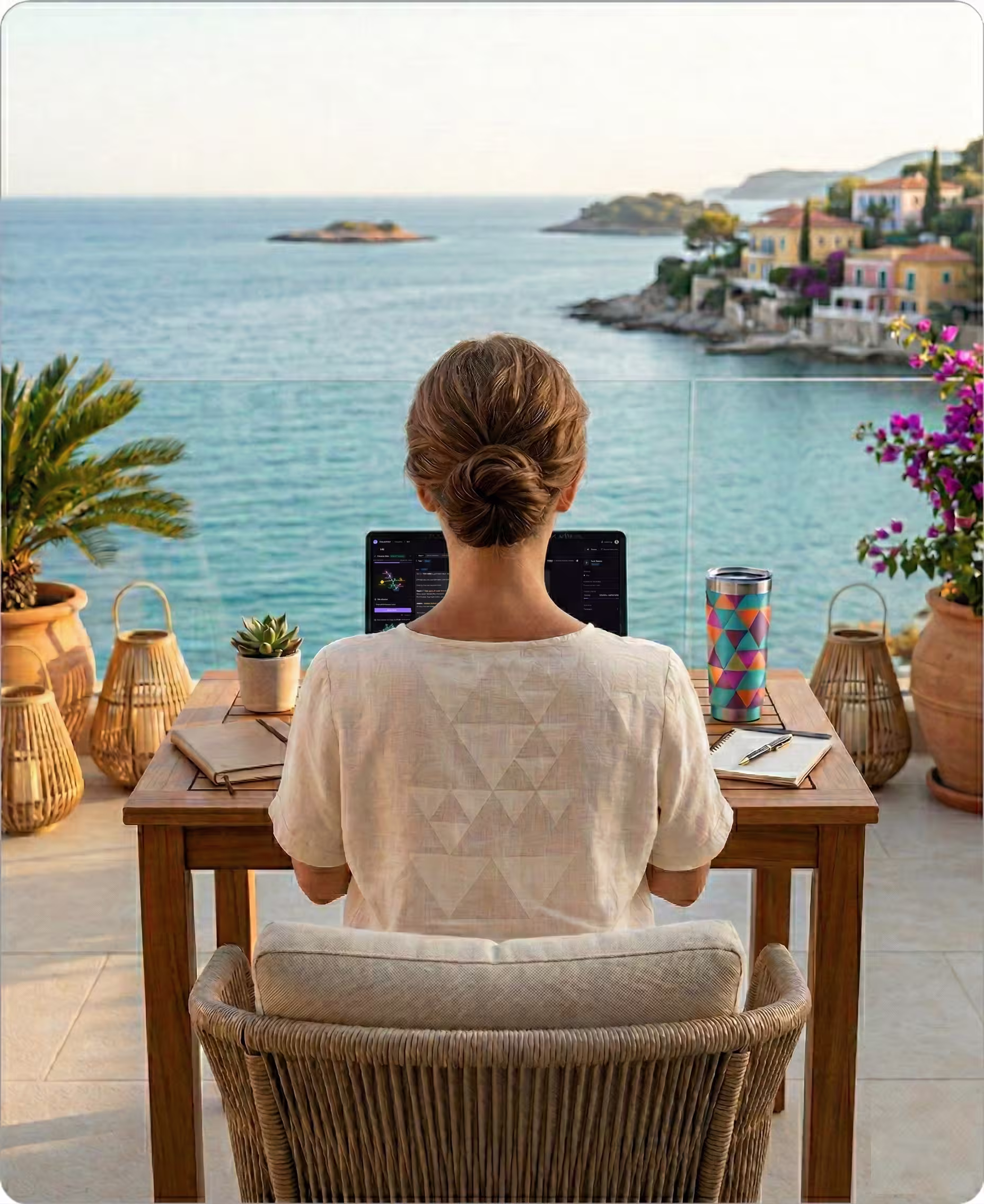 B2C entrepreneur working remotely on a laptop by the sea